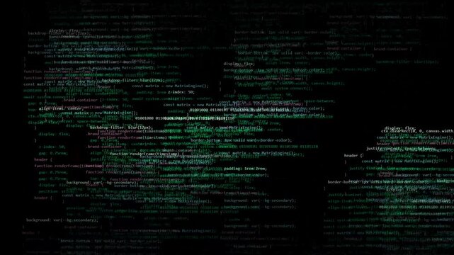 Programming code scrolling on computer screen with dark background