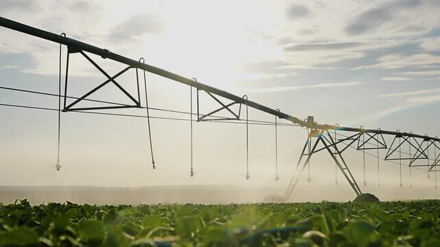 The irrigation system sprays water over crops, where the irrigation system ensures crops remain hydrated. In this expansive field, the irrigation system nurtures crops efficiently.