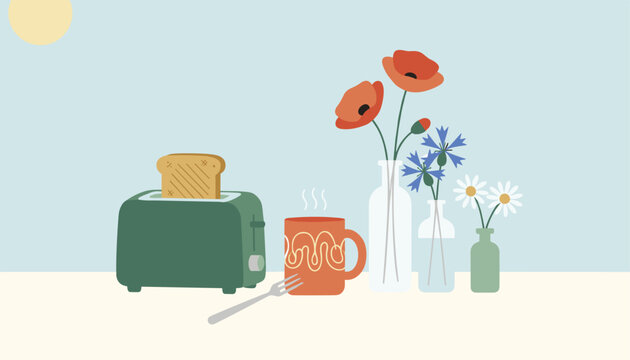 Green toaster with coffee mug and flowers sitting on breakfast table