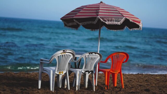Vivid beach scene with three colorful plastic chairs beneath a striped parasol on sandy shoreline, overlooking vibrant blue ocean waves. Strong natural lighting, steady tripod, serene summer mood.