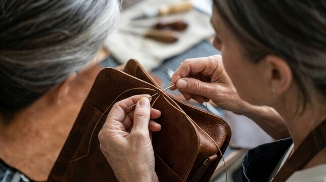 Close up of craftsman hand stitching bespoke leather bag
