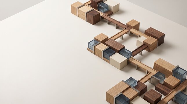 Architectural model featuring modular wooden cubes and glass elements for modern interior design conceptualization and professional