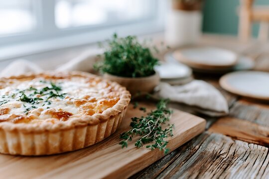 Freshly baked savory quiche on a wooden board