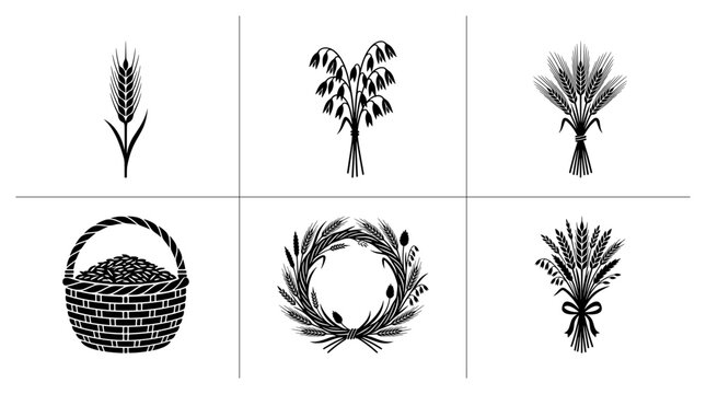 Wheat and grain silhouettes set with ear, oats bunch, basket and wreath for agriculture or bakery logo