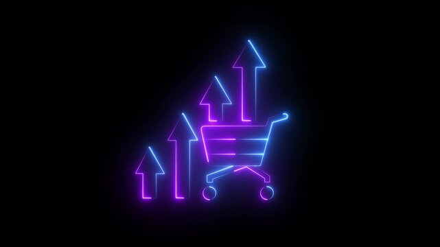 Glowing neon market Potential and Business growth shopping Cart Icon on black background.