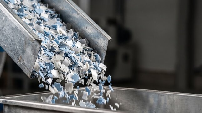 Industrial Plastic Recycling Process Showing Shredded Blue and White Plastic Pieces Falling from a Metal Chute Into a Container in a Factory