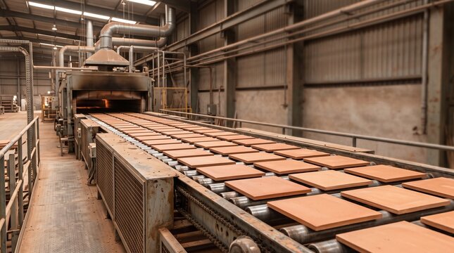 Automated Production Line for Ceramic Tiles in a Large Industrial Factory with Conveyor Belt and High Temperature Kiln Furnace for Firing Terracotta Material