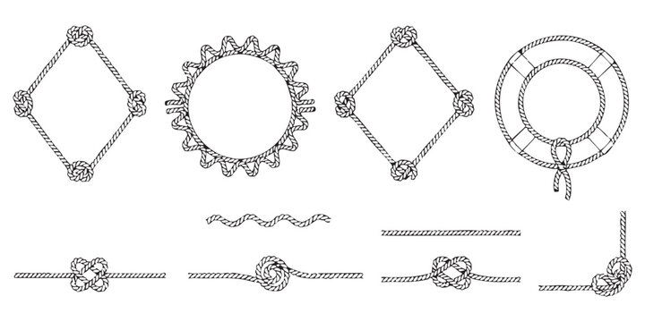 Set of nautical rope frames borders and knots in a hand drawn sketch style