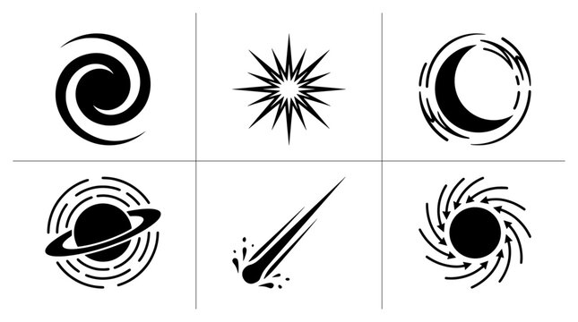 Space and cosmic event silhouettes set with galaxy, starburst, moon, planet, comet and vortex for science logos