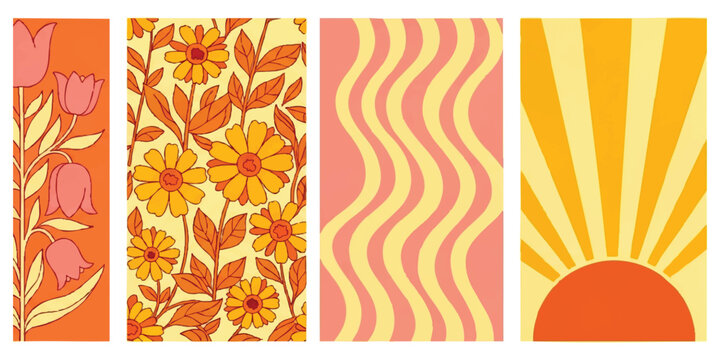 Set of four retro style vertical banners with flowers wavy lines and sun rays in warm orange colors