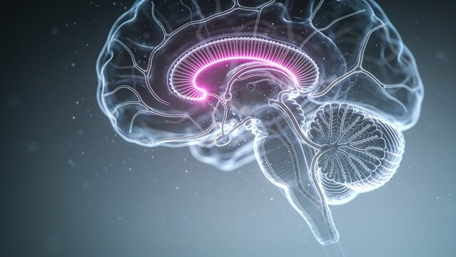 Showing side glass brain model floating in lab, highlighting pink medial area, cerebellum