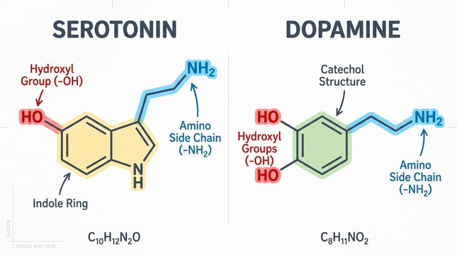 Serotonin and Dopamine Chemical Structure Diagram with Formulas