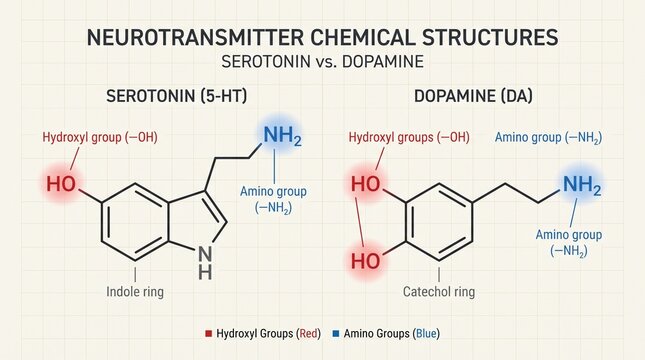 Serotonin versus dopamine neurotransmitter chemical structures diagram