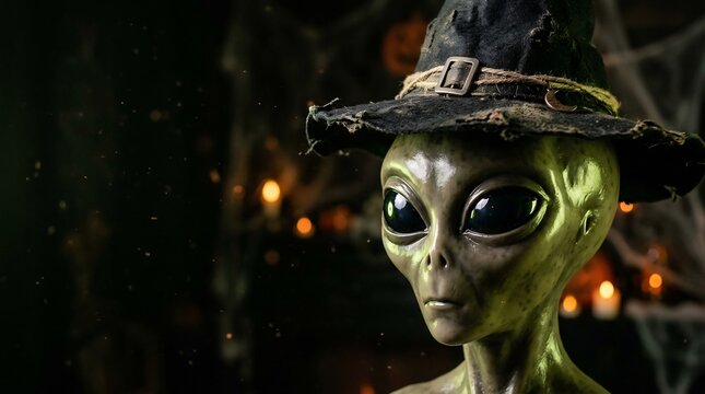 Green alien wearing witch hat in spooky Halloween setting, glowing candle bokeh, eerie sci-fi extraterrestrial creature costume, dark horror aesthetic.