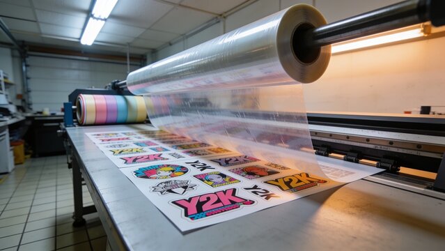 Feeding large flatbed laminator applying clear film over colorful Y2K sticker sheet at print shop