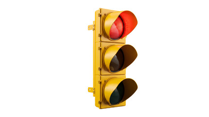Yellow traffic light illuminated red signal stop warning direction control vertical post. © FHGrafixx