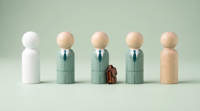 Wooden peg dolls representing business team standing in a row with one standing out uniquely against green background