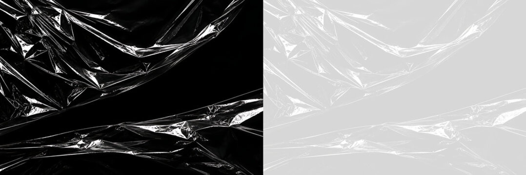 Wrinkled plastic wrap overlay texture. Transparent crumpled cellophane cling film strips. Realistic packaging mockup effect
