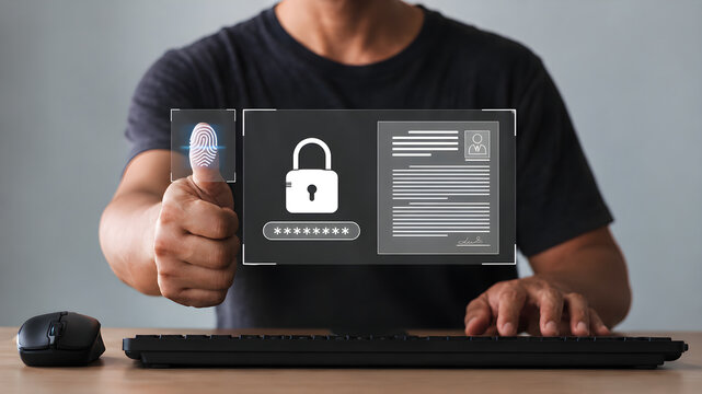 Fingerprint scan provides security access with biometrics identification. Employee confidentiality. access password thru fingerprints for technology security system and prevent hacker concept.