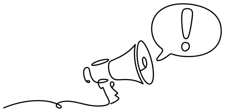 Continuous line drawing of a megaphone with an exclamation mark bubble