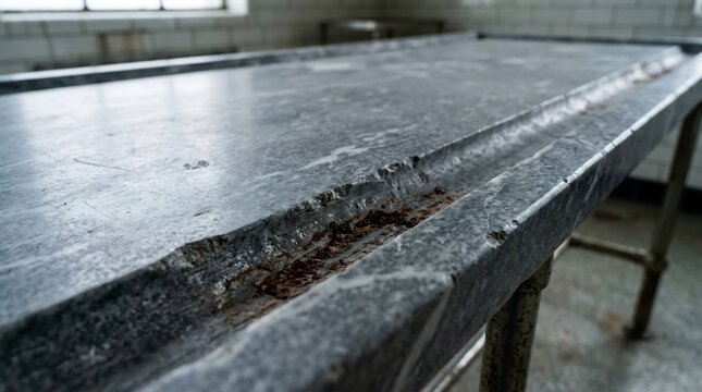 Abandoned morgue autopsy table with stained drainage groove in creepy asylum room, eerie horror background for Halloween, grim mortuary examination slab.