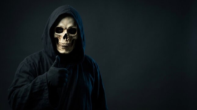 Grim Reaper showing thumbs up gesture on dark background, funny Halloween skeleton costume, hooded death character giving approval, spooky humor concept.