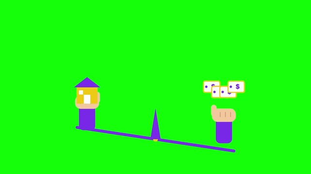 Flat Vector Animation of Real Estate Property and Money Balancing on a Scale over Green Screen Background