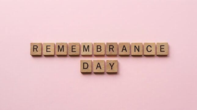 Remembrance day text written on wooden blocks over pink background in minimalist way.