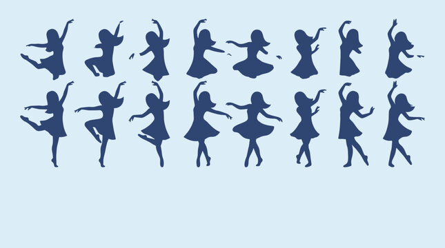 Ballerina silhouettes dancing in mid-air. Graceful ballet figures in motion. Ballerina, arabesque, pirouette, pli&eacute;, tendu, attitude. Minimalist design for apparel, posters, branding. Vector.