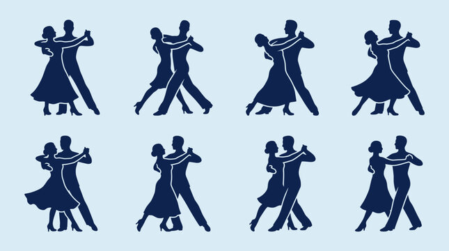 Ballroom dance silhouettes on transparent background. Elegant partner dance figures in motion. Waltz, Foxtrot, Tango, Salsa, Cha Cha, Quickstep. Minimalist design for apparel, branding, event decor.