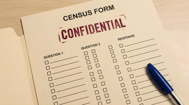 A close up view of a census confidential document with questions and checkboxes next to a blue pen on a table