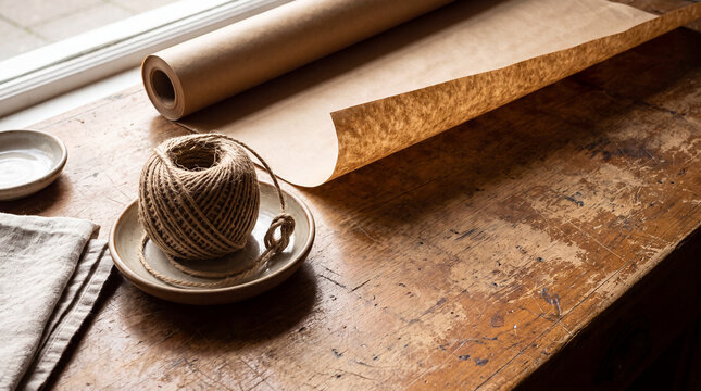 Brown Paper Roll and Twine on Weathered Table