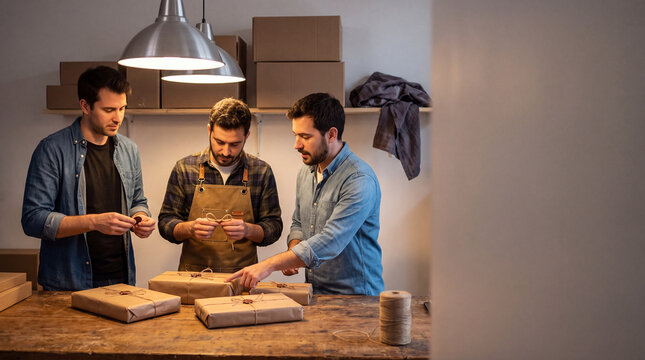 Three Men Wrapping Parcels With Twine at Workbench