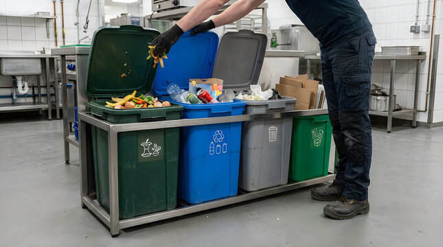 Worker sorting organic food waste into color coded recycling bins in commercial kitchen