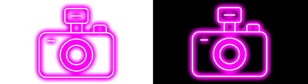 Pink neon camera outline with glowing light effects for photography social media blogging and digital content creator projects.