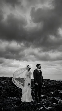 Bride and groom standing outdoors under dramatic stormy sky