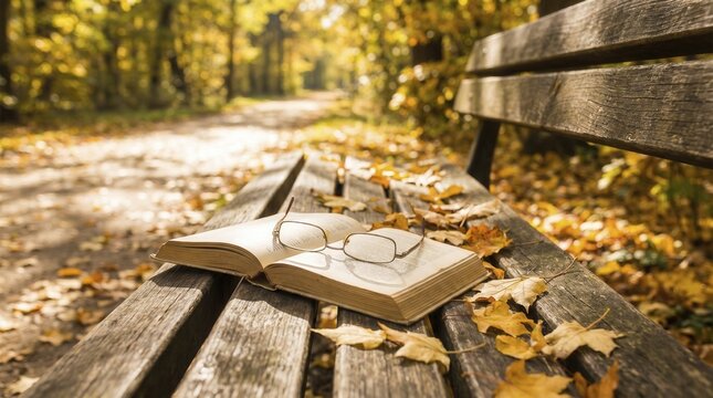 Reading glasses rest atop open book on wooden park bench during sunny autumn afternoon. Warm sunlight highlights printed pages and yellow leaves, offering serene feeling in natural woods.
