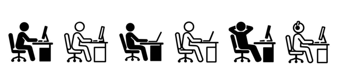 Office Work icon Set featuring employees at desks with computers and laptops, symbolizing productivity, corporate tasks, remote employment, professional communication, business operations and workflow