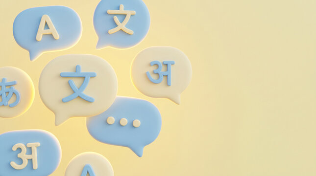 Matte 3D speech bubbles with embossed foreign alphabet characters used for multilingual translation services and global business communication symbols.