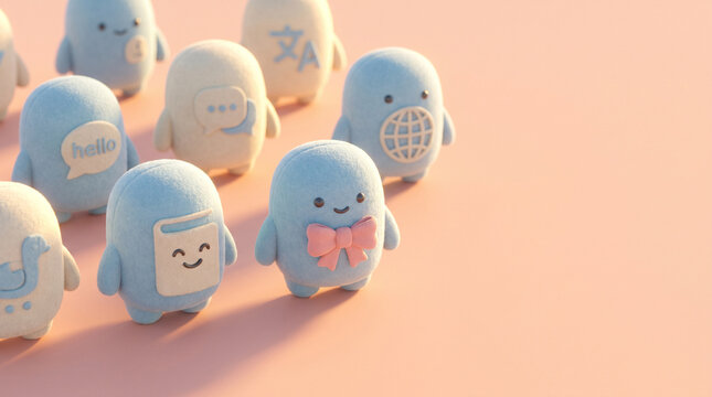 Integrating miniature felted language ambassadors featuring microscopic fiber textures and global communication symbols on a soft pink surface.