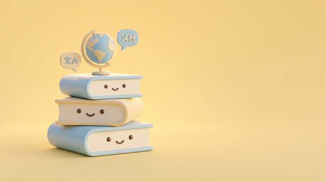 Visualizing global linguistic mastery through a stack of minimalist smiling textbooks topped with a miniature terrestrial globe and chat icons.
