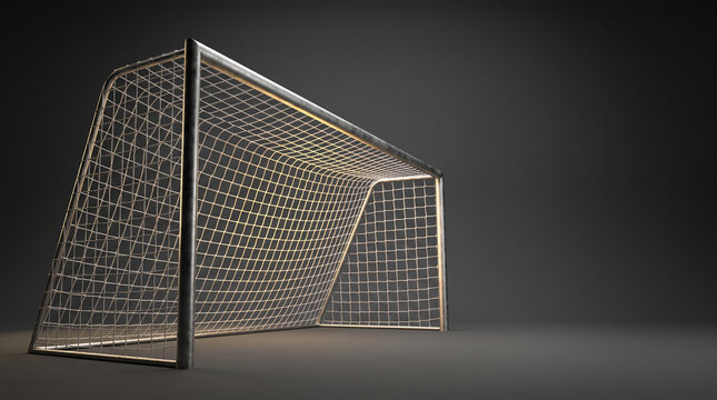Technical precision defines the woven metallic gold netting stretched across a rigid professional sports goal frame set against a dark studio floor.