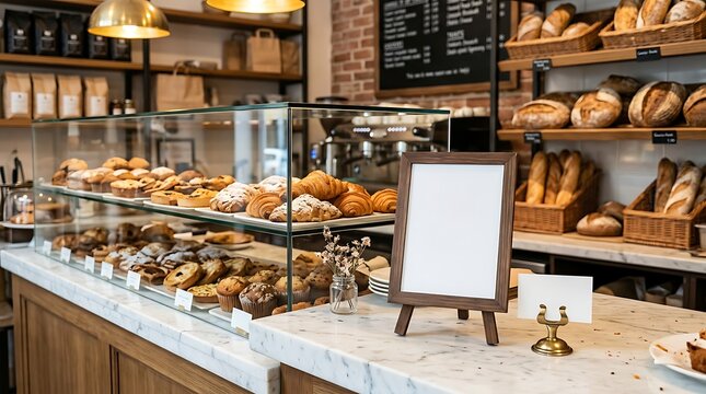 Fresh artisan bakery display with pastries croissants and bread in