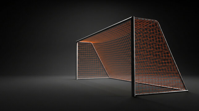 Achieving competitive greatness through the vibrant orange mesh of a professional football goal isolated against a dark minimalist studio backdrop.