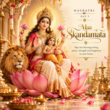 Hindu goddess maa skandamata with child and lion seated on pink lotus flowers