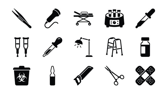 A collection of various black and white icons representing essential professional medical equipment and tools