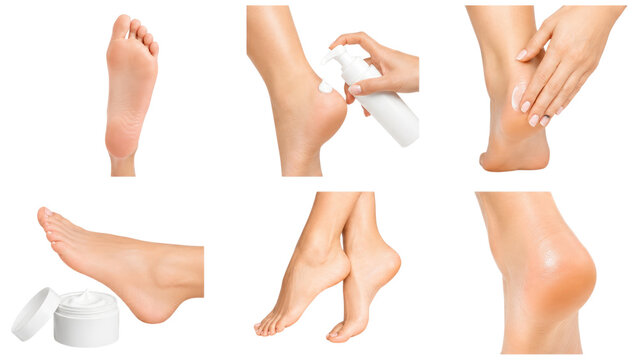 Collage of feminine feet and heels being moisturized and treated with cream and spray, showing smooth soles, hydrated skin, and foot care routine