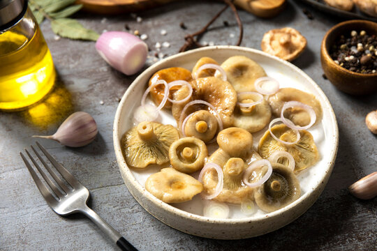 Marinated mushrooms with onion in rustic ceramic bowl