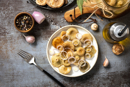Marinated mushroom appetizer with onion and rustic seasoning
