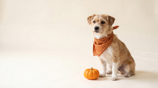 Small dog in orange polka dot bandana beside a pumpkin
